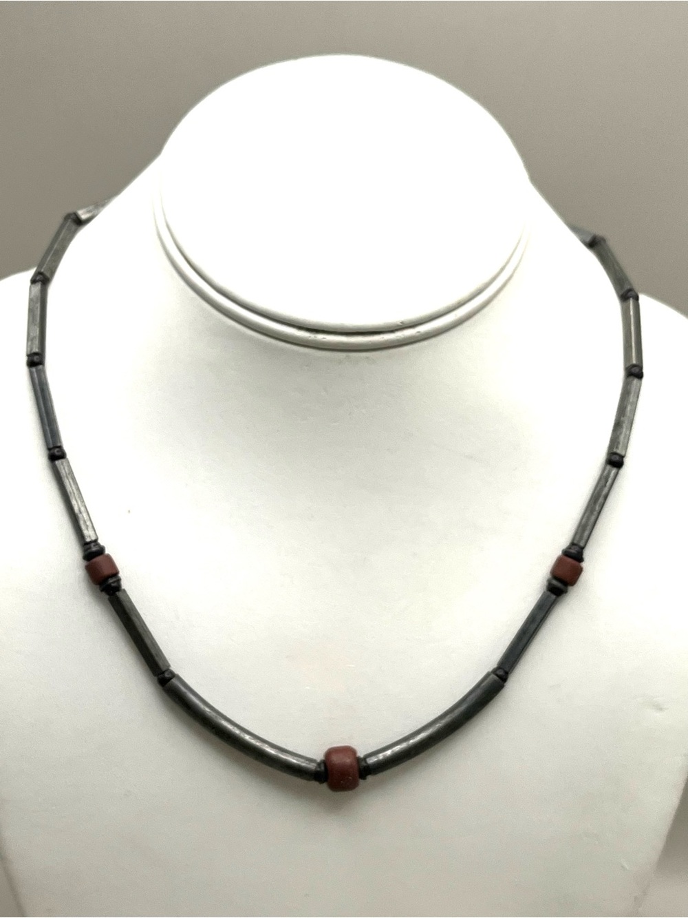 Vintage Gunmetal Tube Bead Necklace Red Jasper Accents Minimalist Unisex 18"